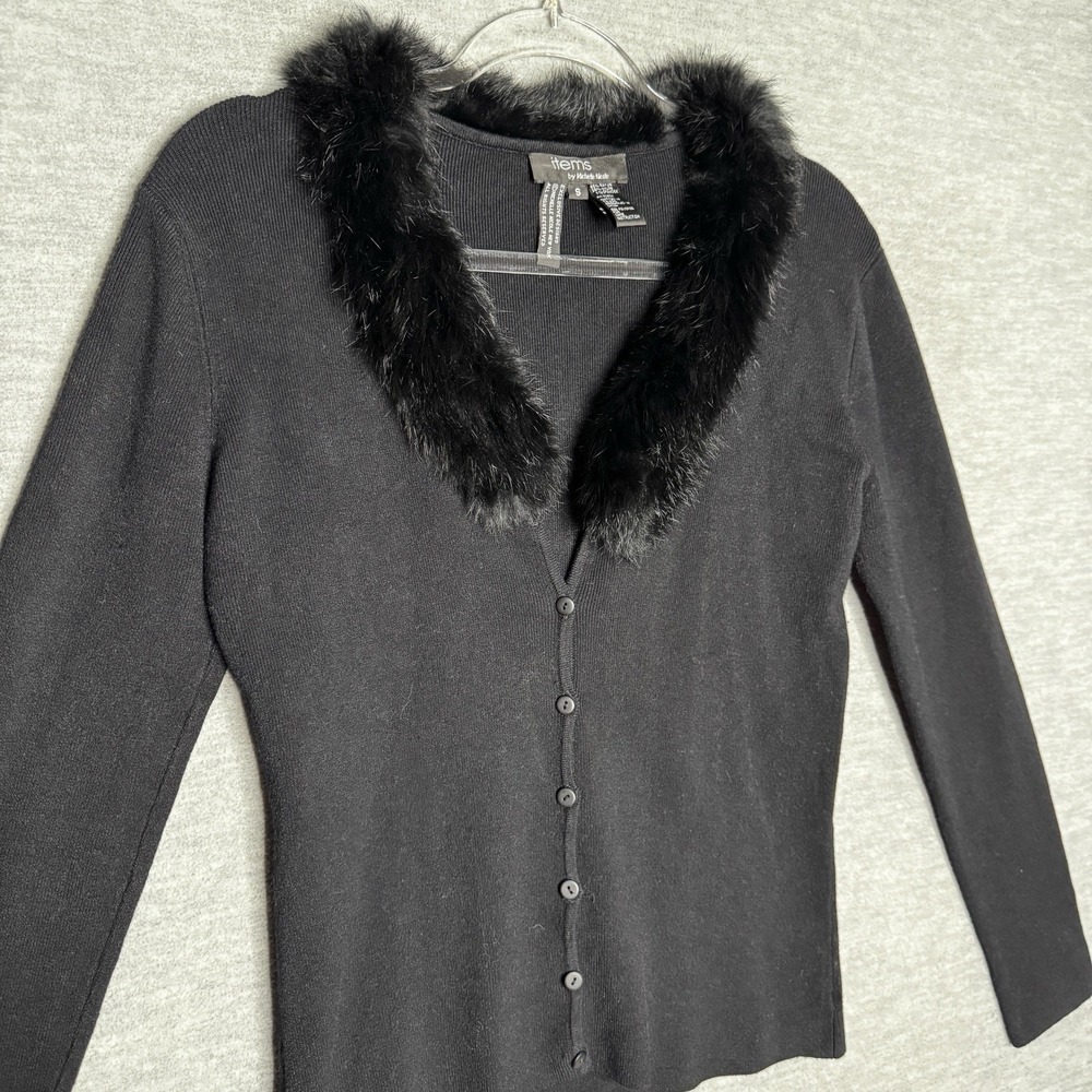 Vintage 90s Fur Trim Cardigan Women's Size Small Black Michelle Nicole Sweater